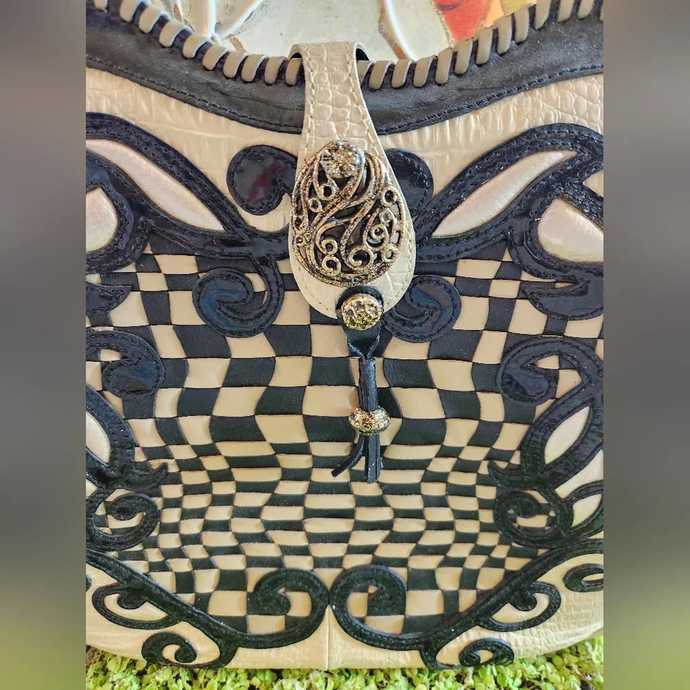 YVETTE FLORO Eclectic ART DECO Checkerboard Black Patent Woven Cream   Handbag - Picture 2 of 7